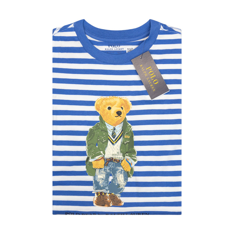 Ralph Lauren Polo Bear Striped Cotton Boys Jersey T-Shirt Blue & White