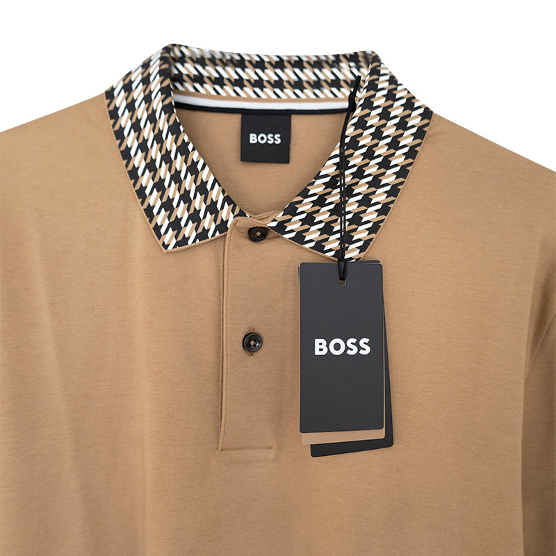 Hugo Boss Parley 180 Men's Polo Shirt Beige Houndstooth Collar - Small