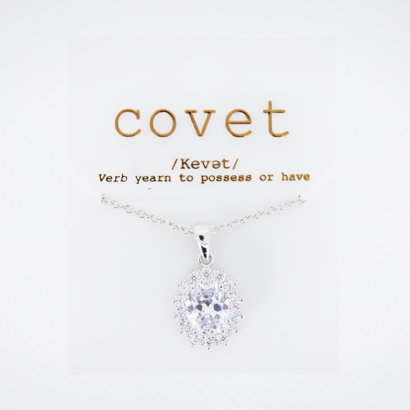 Covet Silver Oval Halo Pendant Necklace