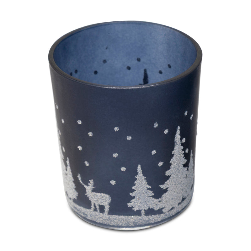 Glass Festive Forest Scene Christmas Tealight Holder - Dark Blue