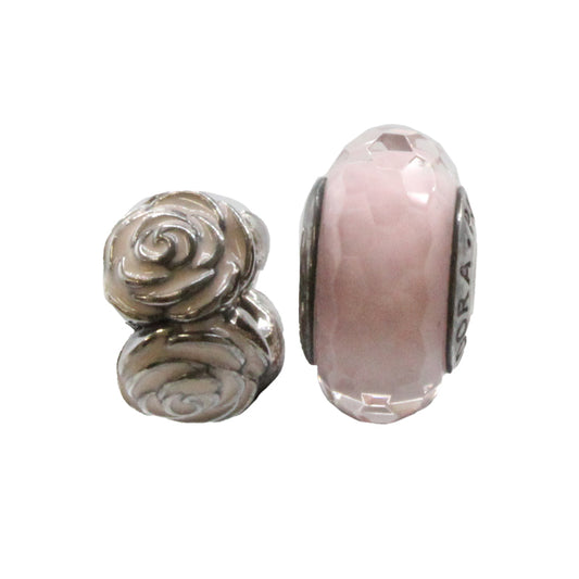 Pandora Sterling Silver Pink Rose & Pink Glass Facet Charm Set