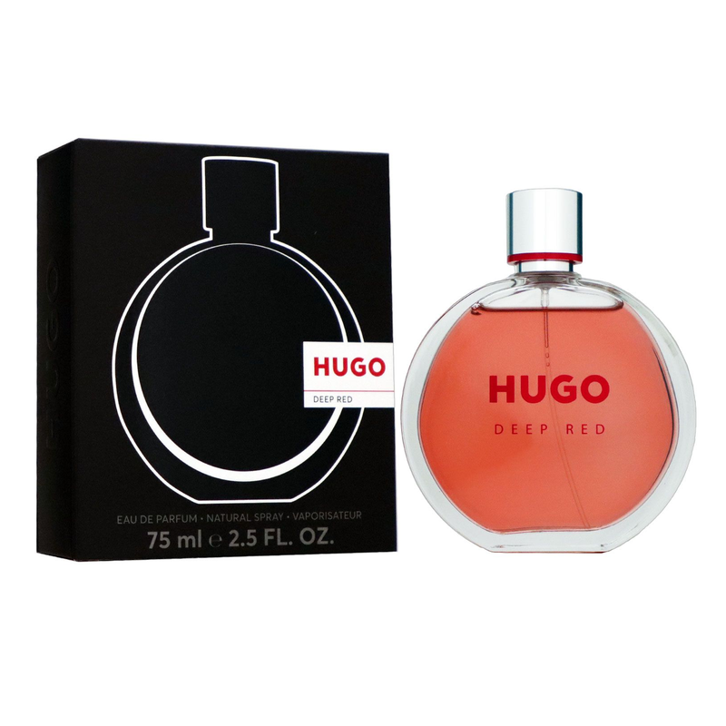 HUGO Deep Red 75ml Eau de Parfum bottle with new black presentation box on white background