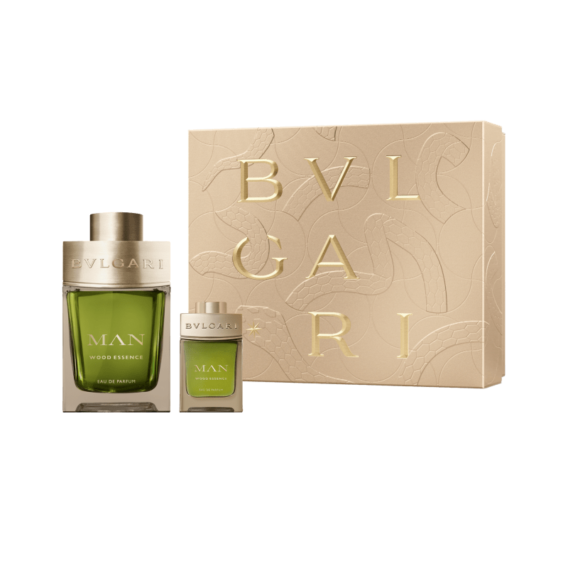 Bvlgari Man Wood Essence 100ml and 15ml Eau de Parfum gift set on white background