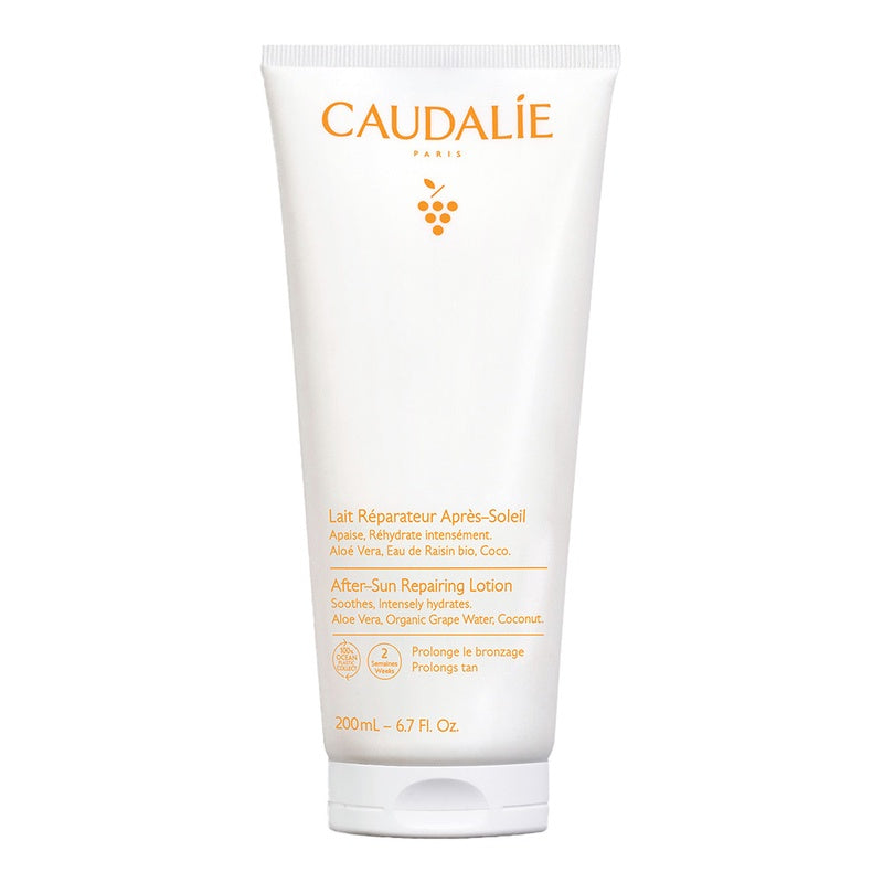 Caudalie After-Sun Repairing Lotion 200ml tube on a white background