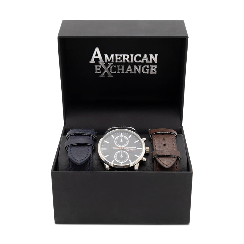 American Exchange Mens Black Leather Watch With Interchangeable Straps 5113