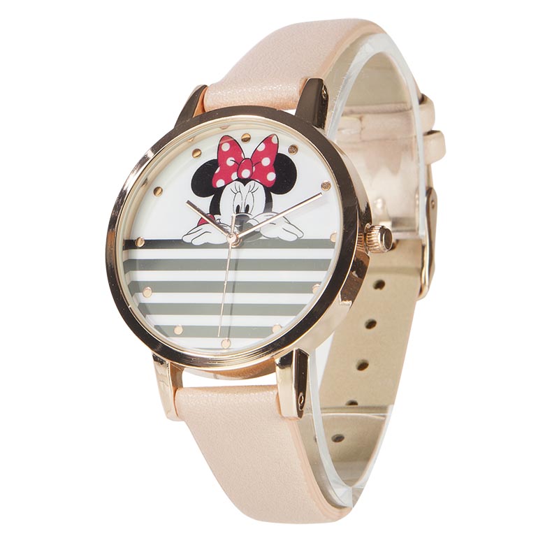 Disney Minnie Mouse White and Black Stripe Dial Pink Leather Strap Ladies Watch (Blemished Box)