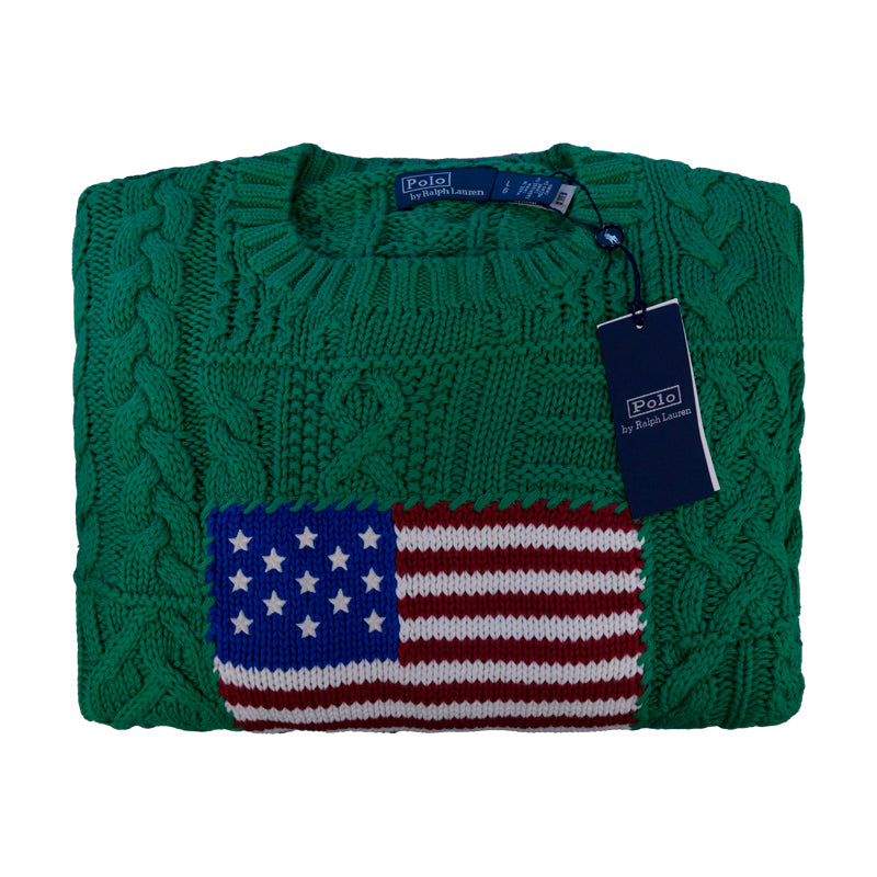 Ralph Lauren Polo Green Aran-Knit American Flag Jumper Women's