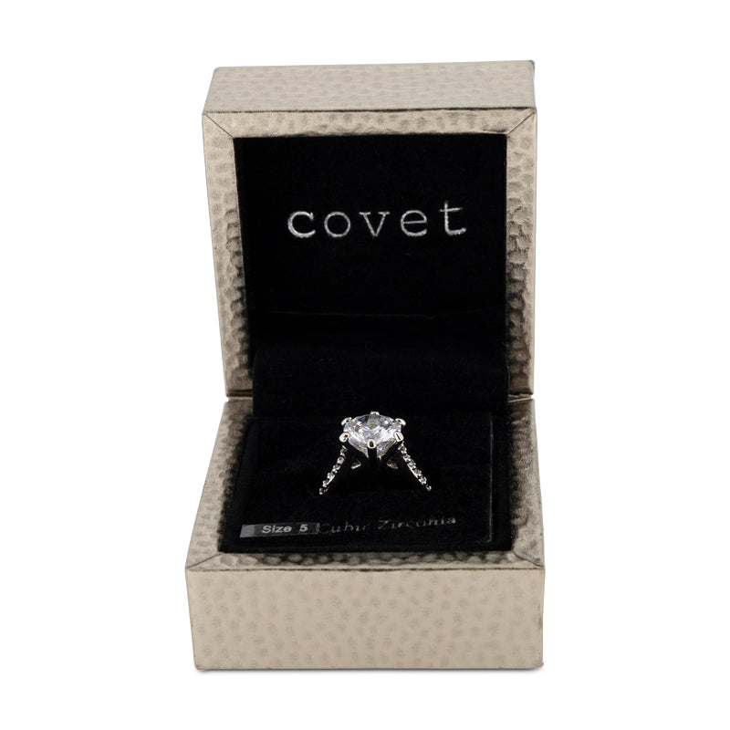 Covet Rhodium Cubic Zirconia 6 Prong Silver Ring - Size 5