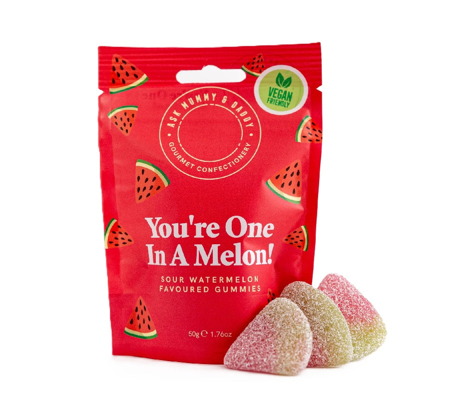 Ask Mummy & Daddy You're One In A Melon! Sour Watermelon Gummies Sweets 50g
