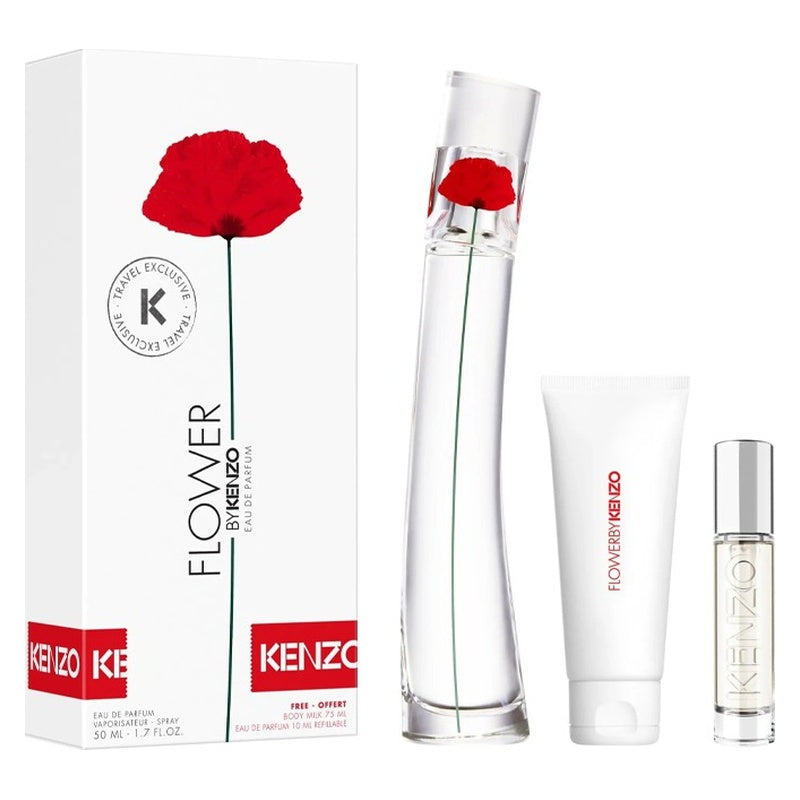 Flower by Kenzo gift set with 50ml and 10ml Eau de Parfum, 75ml body milk and box