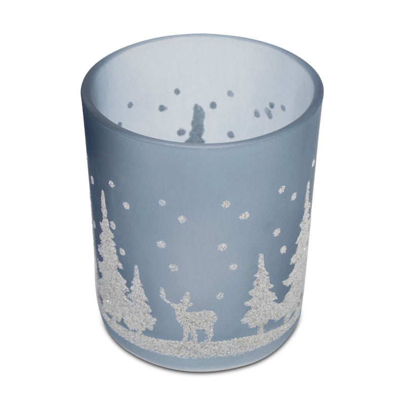 Glass Festive Forest Scene Christmas Tealight Holder - Light Blue
