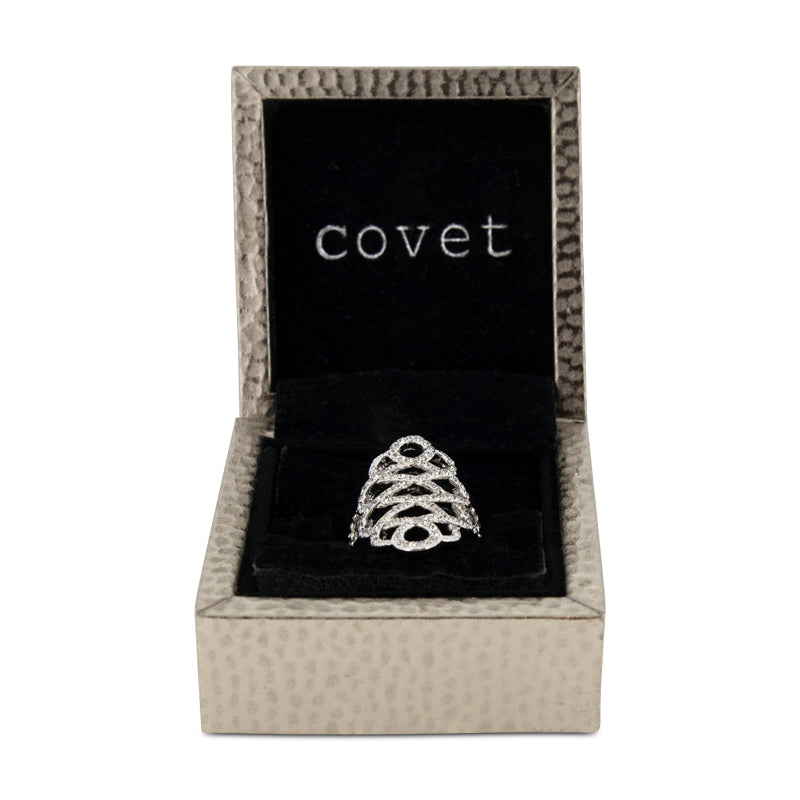 Covet Rhodium Cubic Zirconia Pave Swirl Silver Ring - Size 5