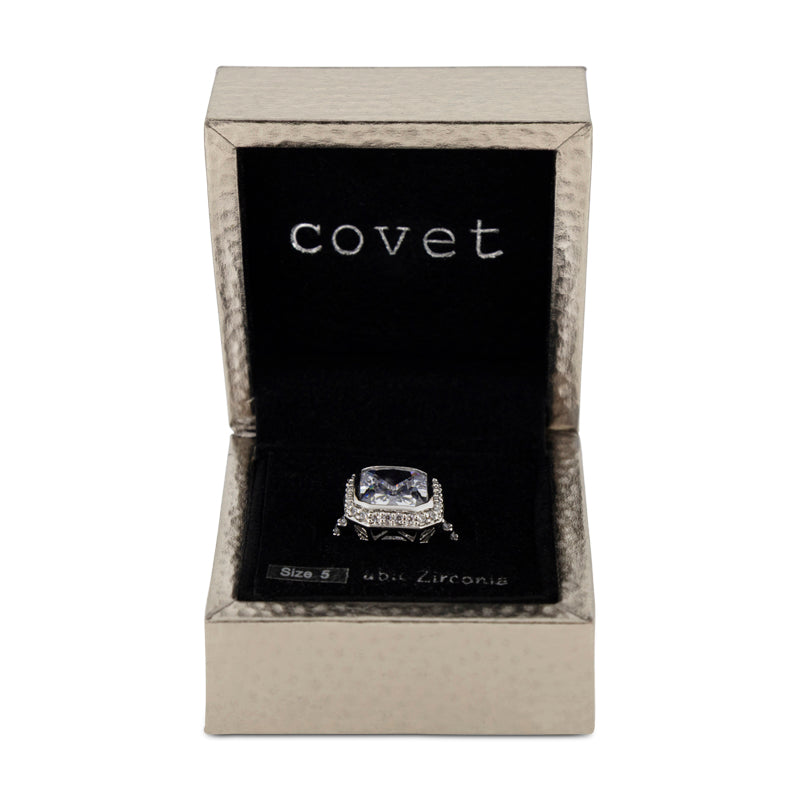 Covet Rhodium Cubic Zirconia Large Square Cut Silver Ring - Size 6