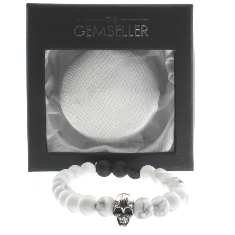 The Gemseller White and Grey Bead Skull Bracelet