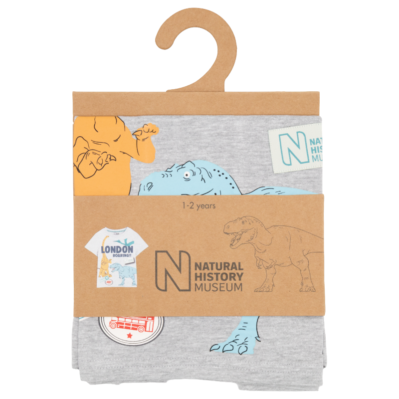 Natural History Museum London Roaring Dinosaur Grey Marl 100% Cotton Kids T-Shirt 1-2 Years