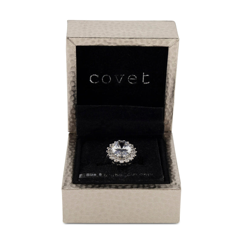 Covet Rhodium Cubic Zirconia Fancy Oval Silver Ring - Size 5