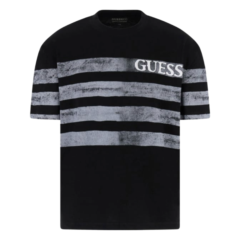 Guess Mens Classic Fit Striped Logo T-Shirt