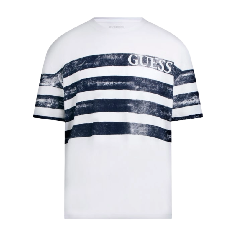 Guess Mens Classic Fit Striped Logo T-Shirt