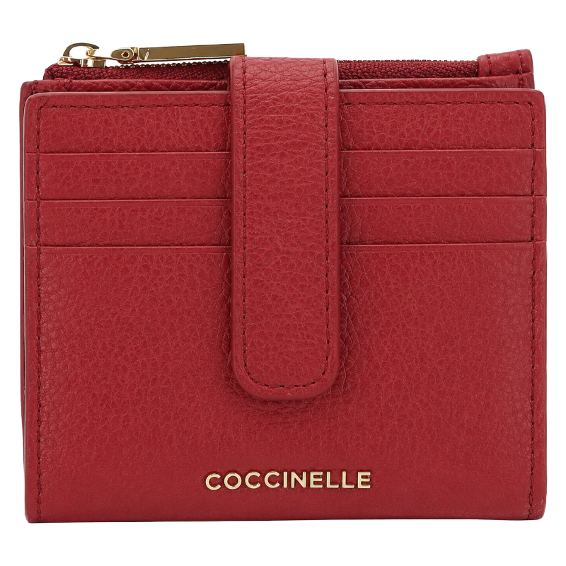 Coccinelle Metallic Soft Grained Leather Card Holder Purse Sangria Red
