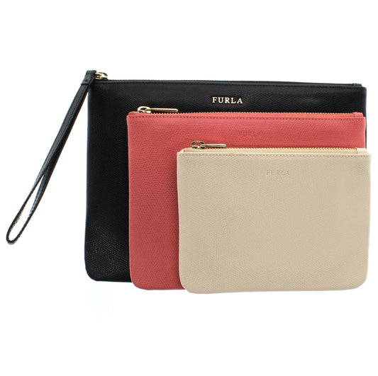 Furla Royal Envelope Zipped Purse Makeup Pouches Clutch Bag Set of 3 Leather Bags in Black Pink & Cream Gift Set