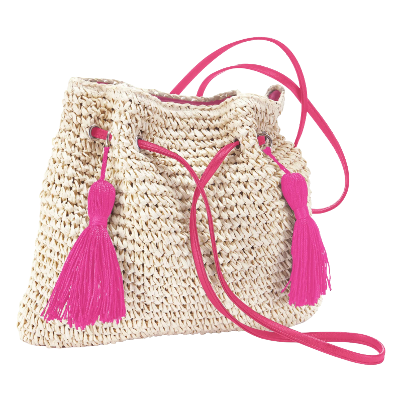 ASCANA Beige & Pink Cross Body Bag | Woven Straw Tassel Bag