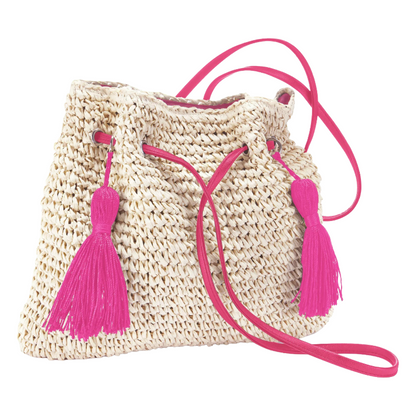 ASCANA Beige & Pink Cross Body Bag | Woven Straw Tassel Bag