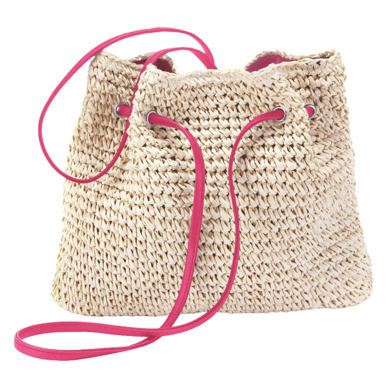 ASCANA Beige & Pink Cross Body Bag | Woven Straw Tassel Bag