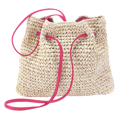 ASCANA Beige & Pink Cross Body Bag | Woven Straw Tassel Bag