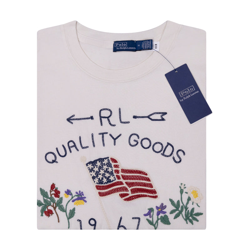 Ralph Lauren Embroidered Flag Cotton T-Shirt Cream Women's