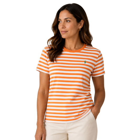 Ralph Lauren Women's Polo Crewneck Striped T-Shirt Orange/White