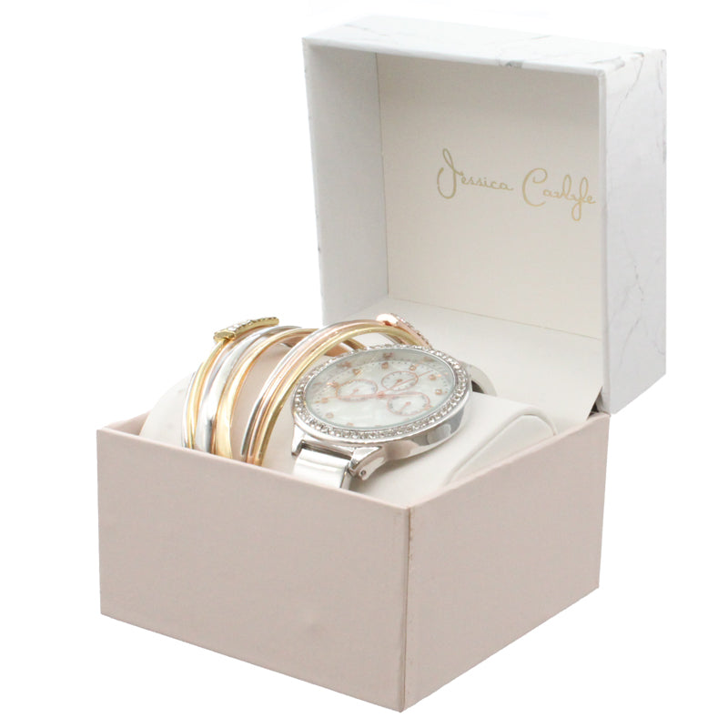 Jessica Carlyle Women's Silver Crystal Watch & Bangle Set 2732