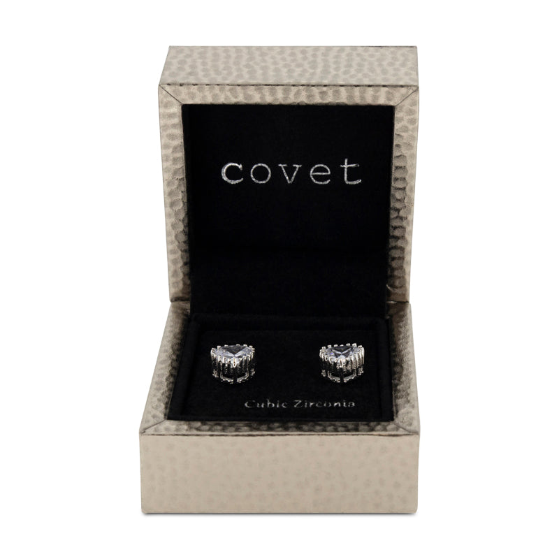 Covet Rhodium Plated Cubic Zirconia Heart Stud Silver Earrings
