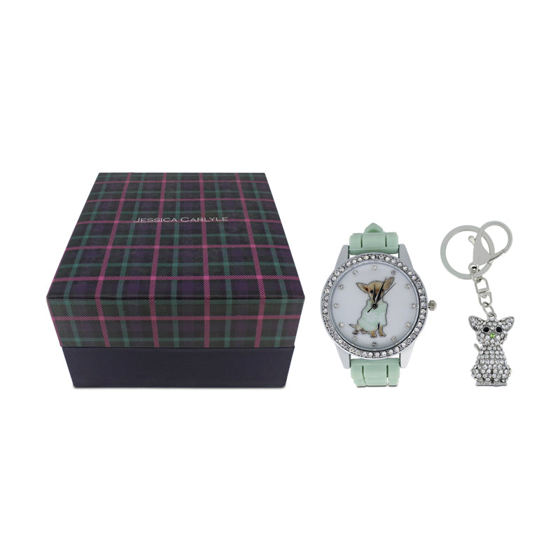 Jessica Carlyle Green Rubber Strap Watch with Dog Keychain