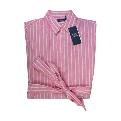 Ralph Lauren Women's Belted Striped Linen Dress Pink