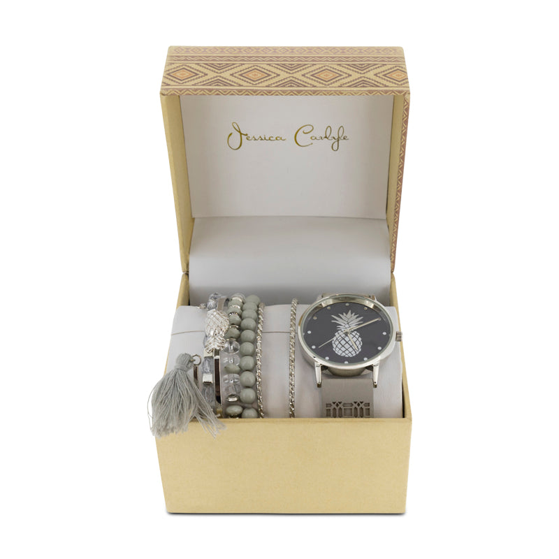 Jessica Carlyle Women's SIlver Pineapple Watch And Bracelet Set 1801