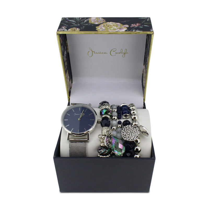 Jessica Carlyle Blue Faced Silver Mesh Watch & Bracelet Set 6128