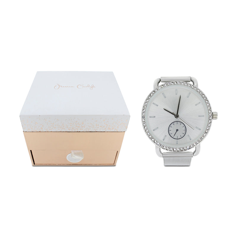 Jessica Carlyle Silver Mesh Strap Watch & Earrings Jewellery Set 6450