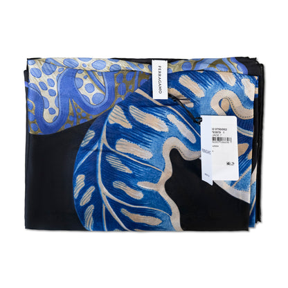 Salvatore Ferragamo Blue & Black Print Silk Scarf