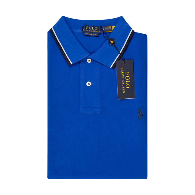 Ralph Lauren Polo Slim Fit Stretch Mesh Polo Shirt Blue With Striped Collar