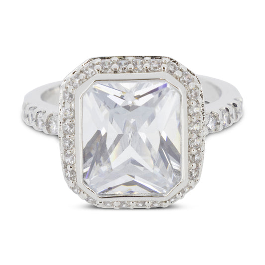 Covet Rhodium Cubic Zirconia Large Square Cut Silver Ring - Size 5