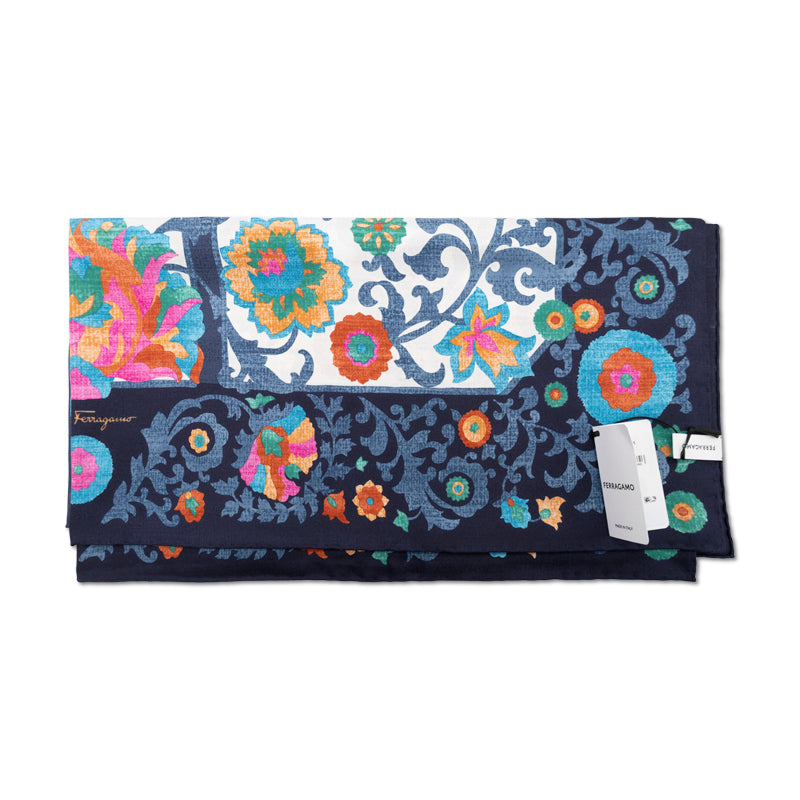 Salvatore Ferragamo Blue Uzbekistan Floral Print Silk Scarf