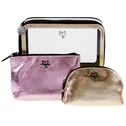 Victoria's Secret Gold And Pink Cosmetic Bag 3 Piece Set