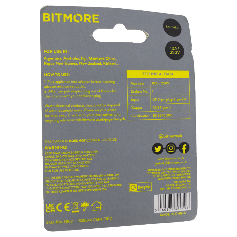 Bitmore UK/AUS Plug Adaptor (Blemished Box)
