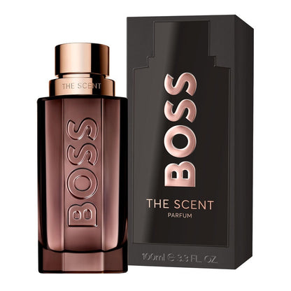 Boss The Scent 100ml Parfum (Blemished Box) with packaging on pure white background