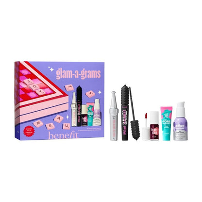 Benefit Glam-a-Grams five-piece beauty kit with purple and pink packaging