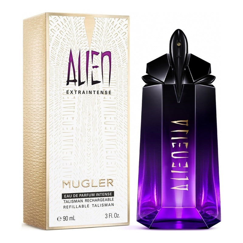 Mugler Alien Extraintense 90ml Eau De Parfum Intense (Blemished Box) with packaging on pure white background