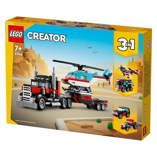 Lego Creator 3 in 1 Flatbed Truck with Helicopter Toy 31146 Age 7+ packaging