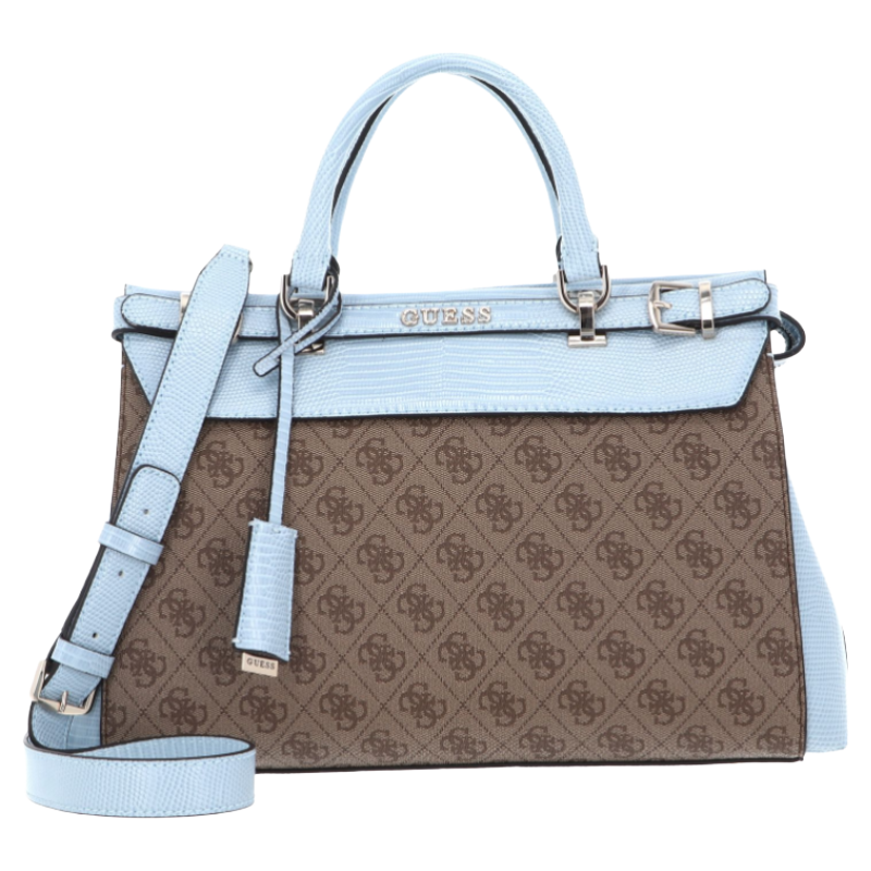 Guess Sestri Logo Luxury Satchel Handbag Latte Logo Sky Blue