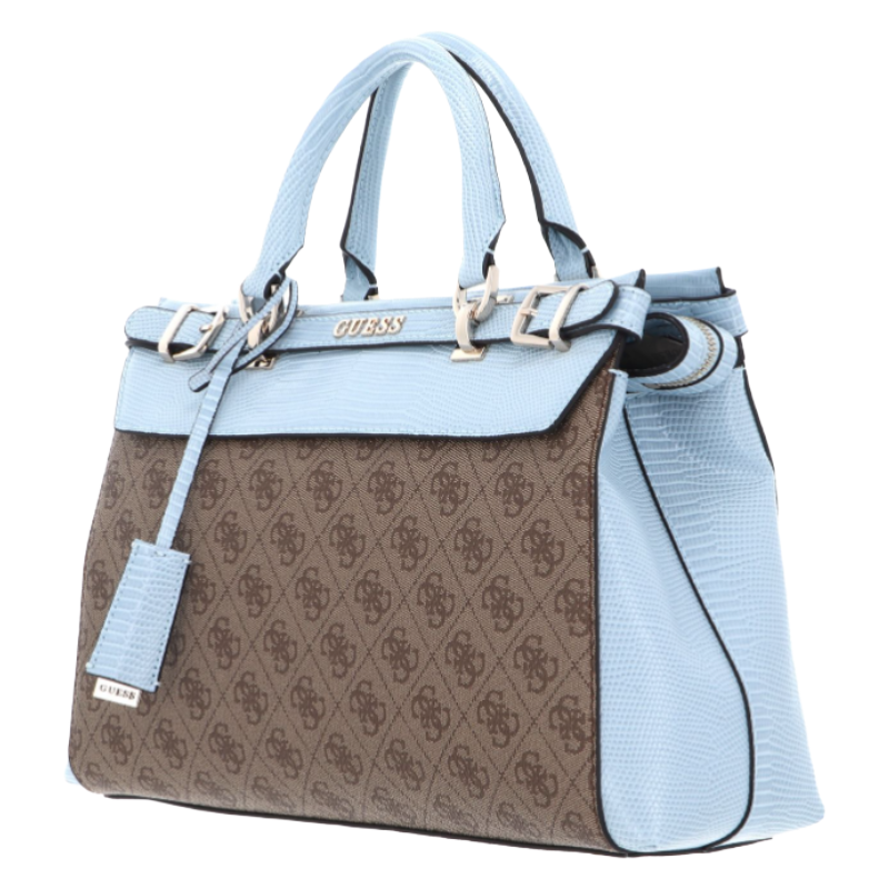Guess Sestri Logo Luxury Satchel Handbag Latte Logo Sky Blue