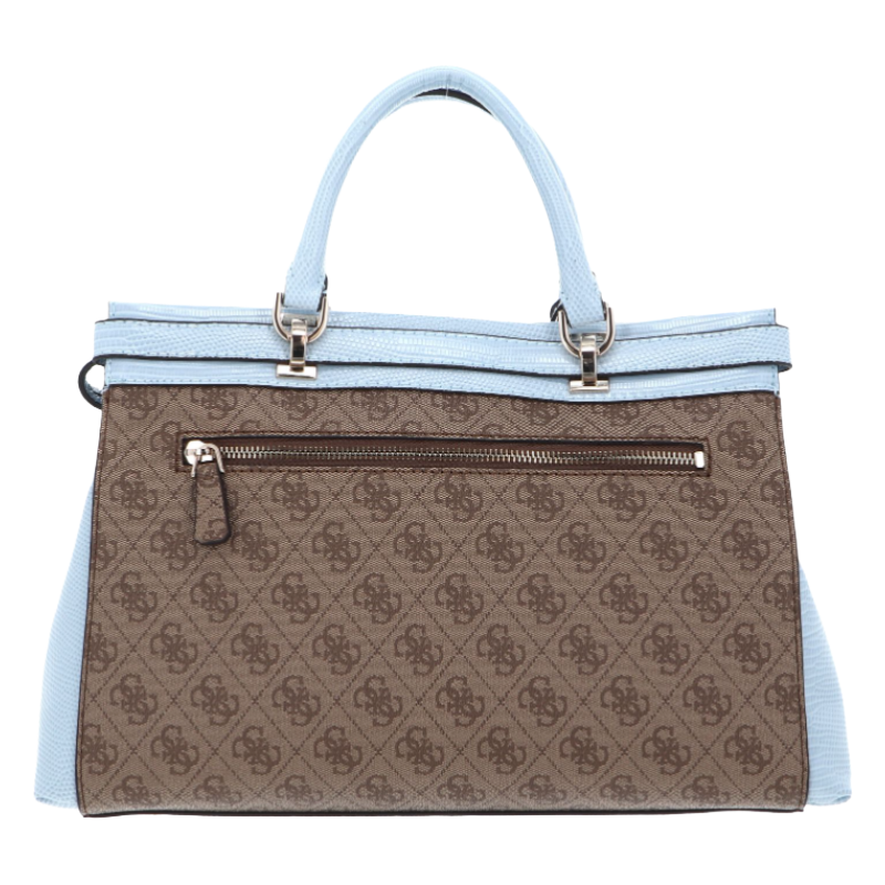 Guess Sestri Logo Luxury Satchel Handbag Latte Logo Sky Blue